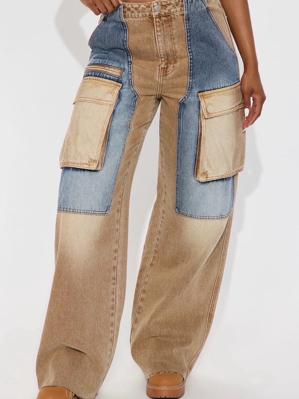 Fashion Nova Two-Tone Wide-Leg Cargo Jeans - Brown & Blue